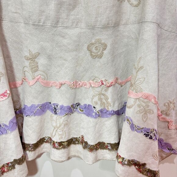 J Jill Linen Tan Skirt 18 Floral Embroidery 3D Ribbon Hanky Hem Cottagecore Boho - Picture 4 of 12